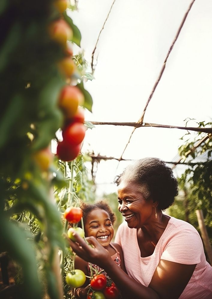 close up photo of African American grandmother and granddaughter picking up fresh tomatoes in the greenhouse. 