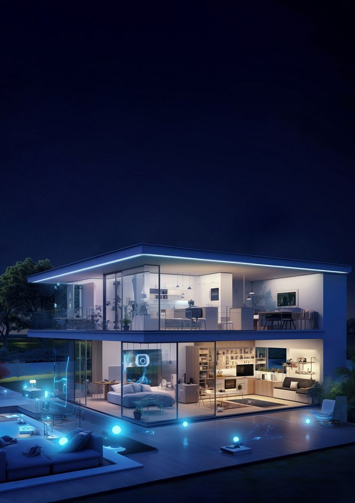 Modern smart home with glass walls, illuminated at night. Smart home technology, smart lighting, and sleek design. Smart…