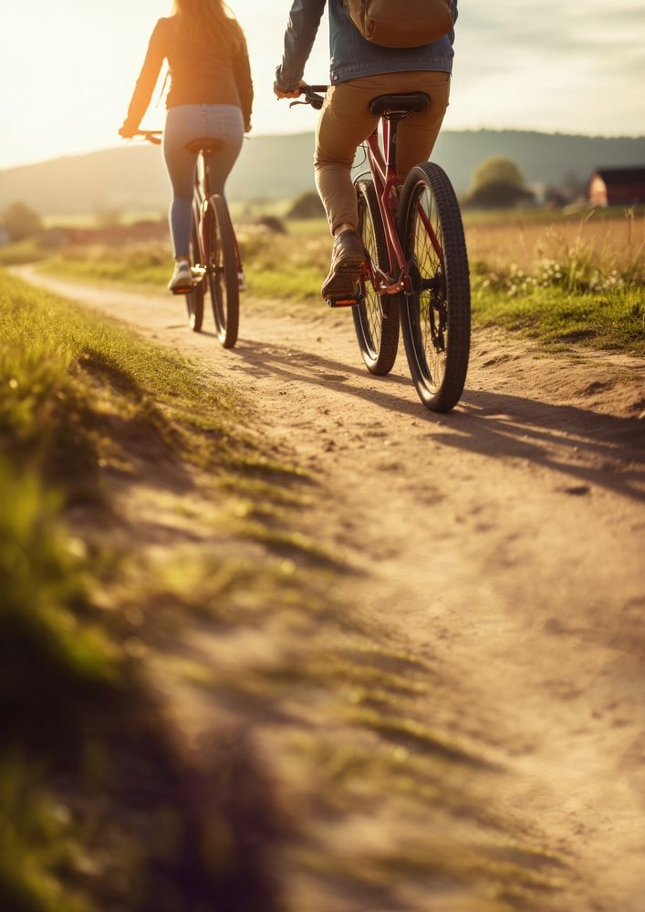 photo of couple riding bicycles through countryside. 