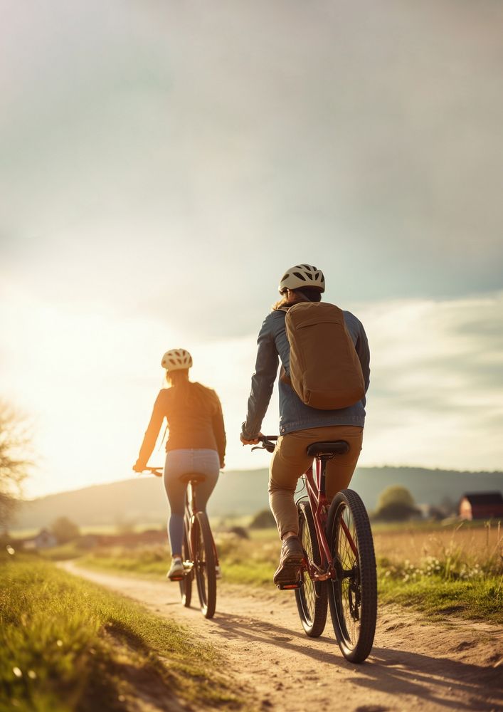 photo of couple riding bicycles through countryside. 