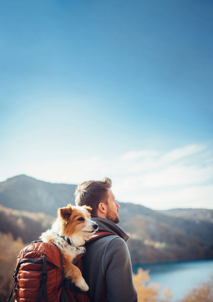 Photo of man travelling with his dog in a backpack. AI generated Image by rawpixel.