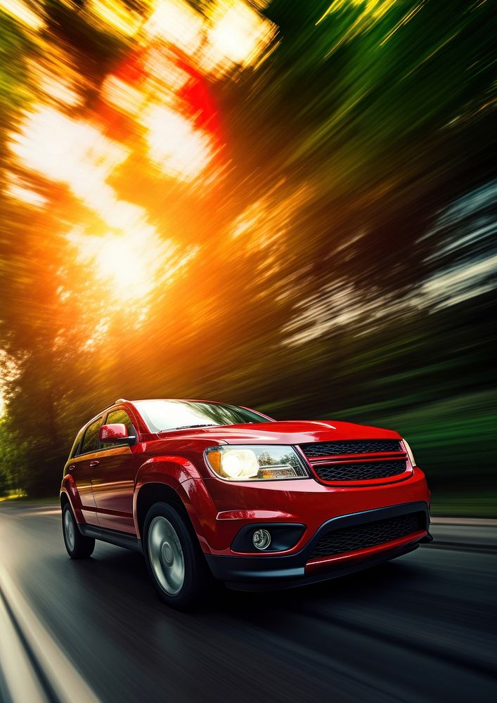 photo of red suv car in motion. 