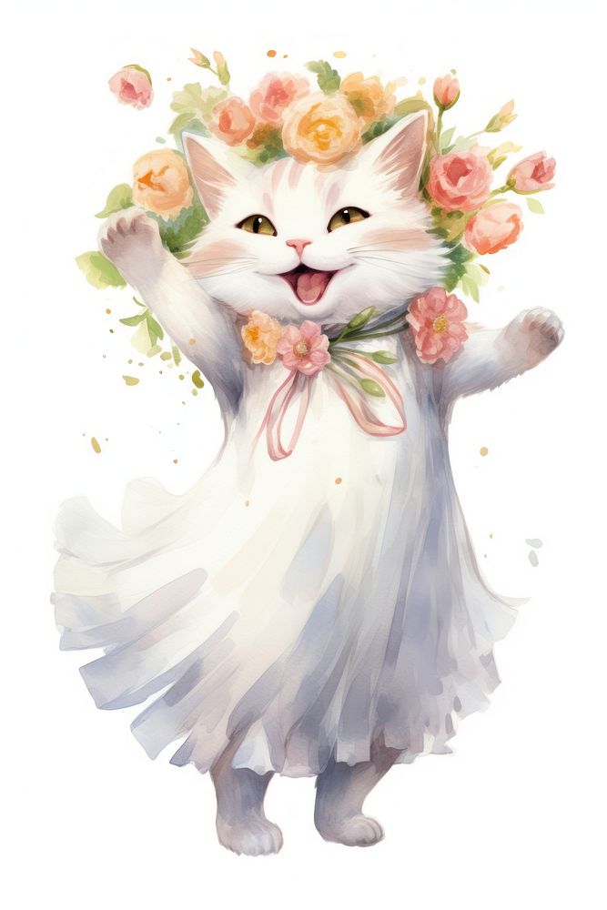 Cat character wearing wedding dress celebration mammal flower. AI generated Image by rawpixel.