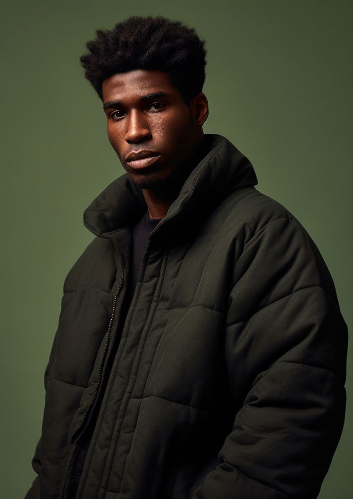 Black man wearing a black puffer jacket portrait adult photo. 