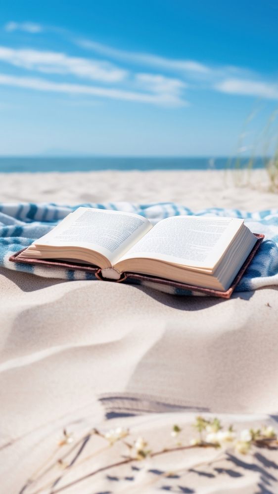 Book on the picnic blanket in beach white sand. 