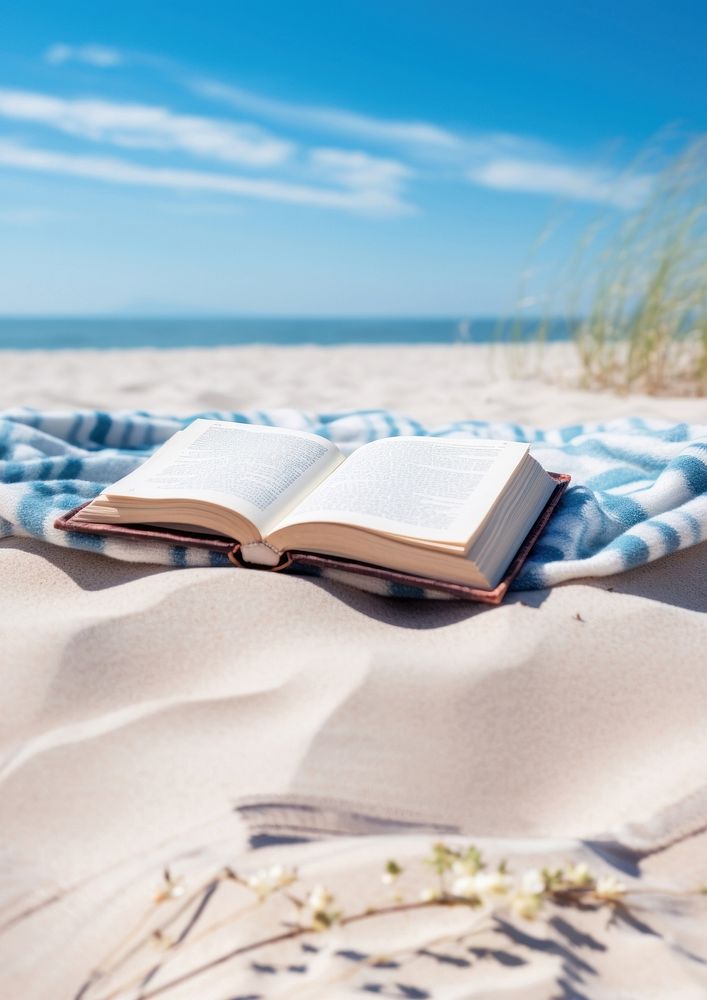 Book on the picnic blanket in beach white sand. 