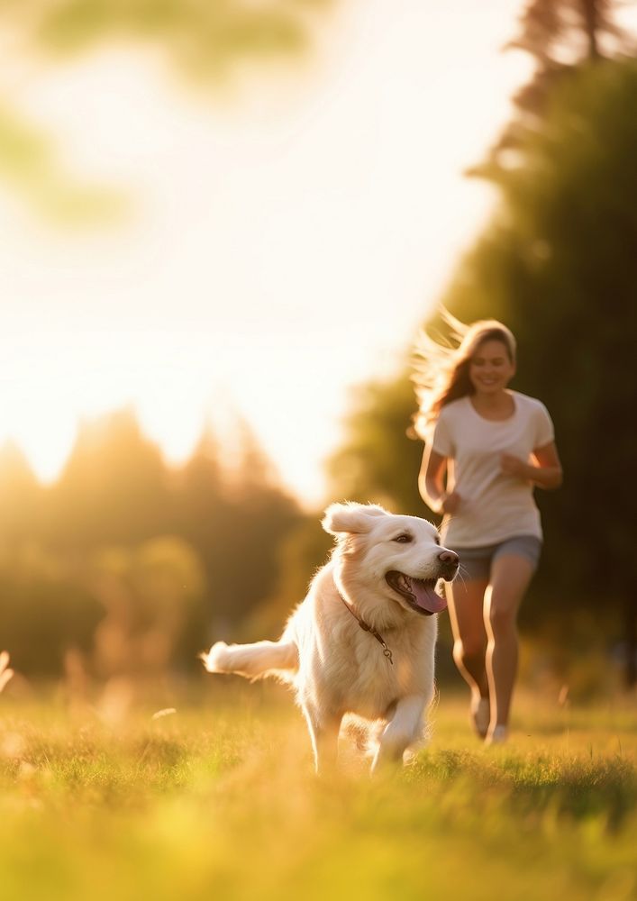 Photo of a dog running with owner at park.  