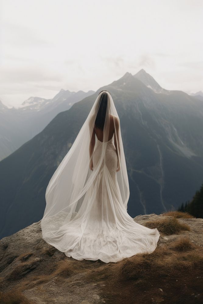 Wedding dress veil photography mountain. AI generated Image by rawpixel.