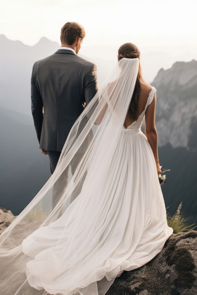 Wedding dress veil mountain fashion. AI generated Image by rawpixel.