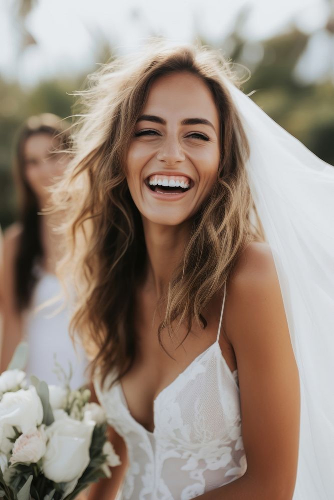 Wedding dress bridesmaid laughing standing. AI generated Image by rawpixel.