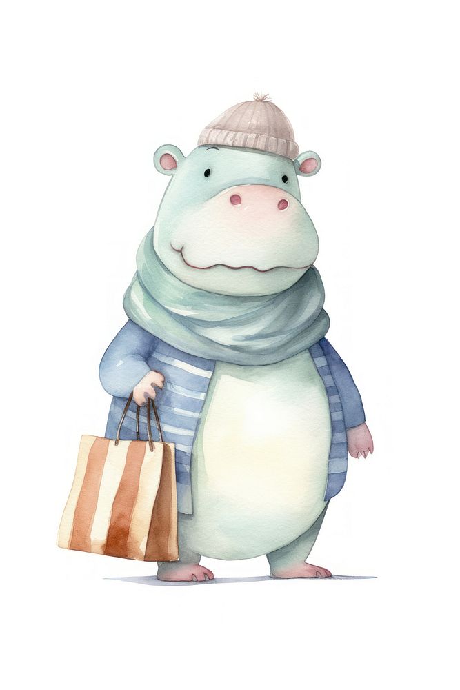 Hippo holding shopping bag cartoon white background representation. AI generated Image by rawpixel.