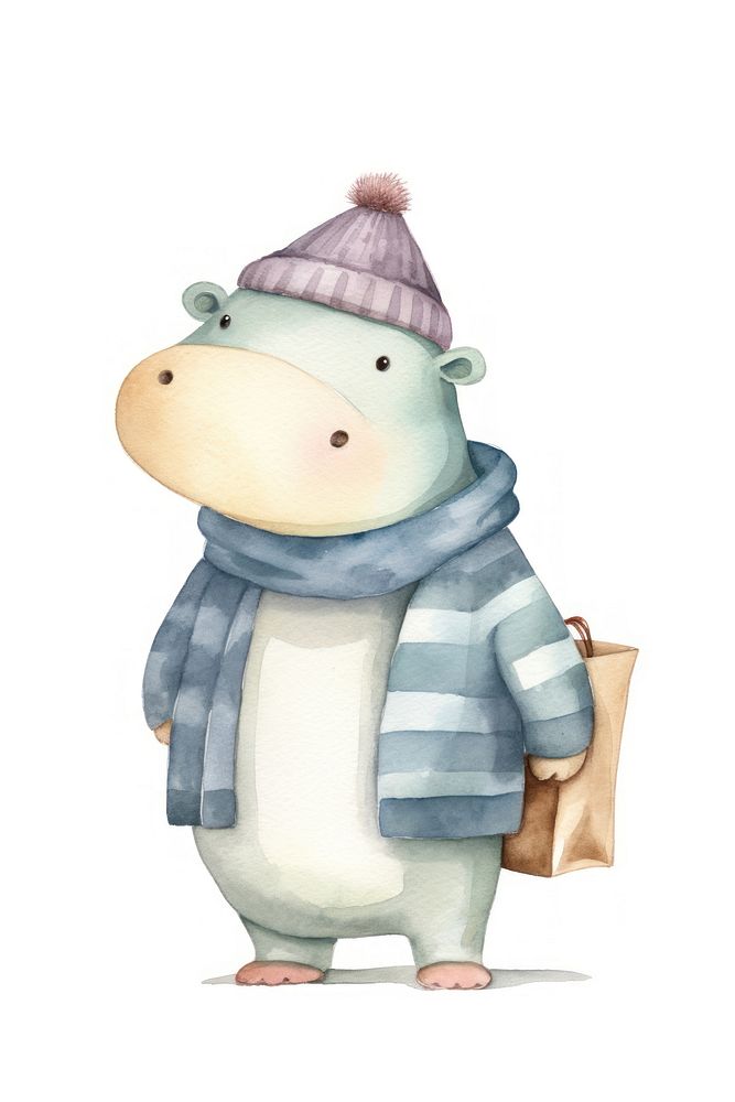 Hippo holding shopping bag cartoon cute white background. AI generated Image by rawpixel.