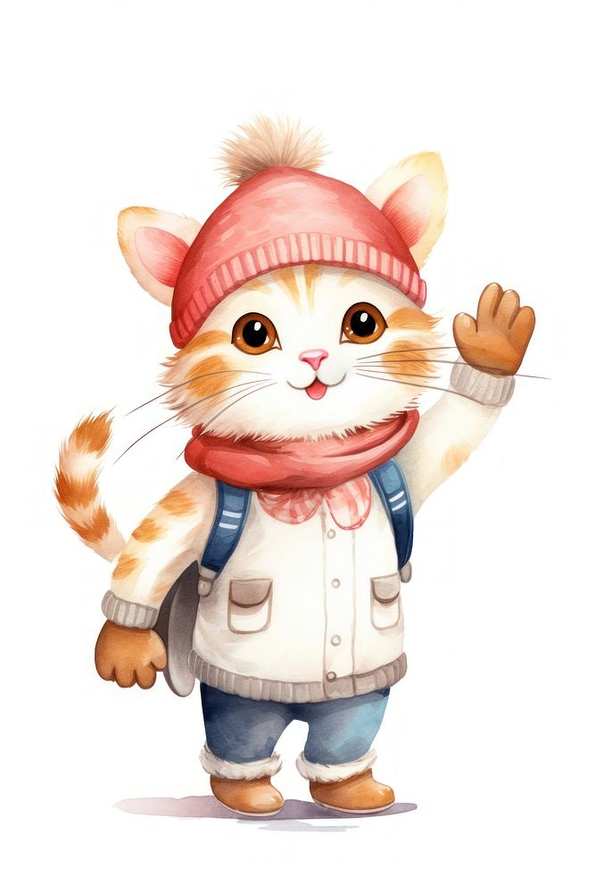 Cat waving hand cartoon cute white background. AI generated Image by rawpixel.