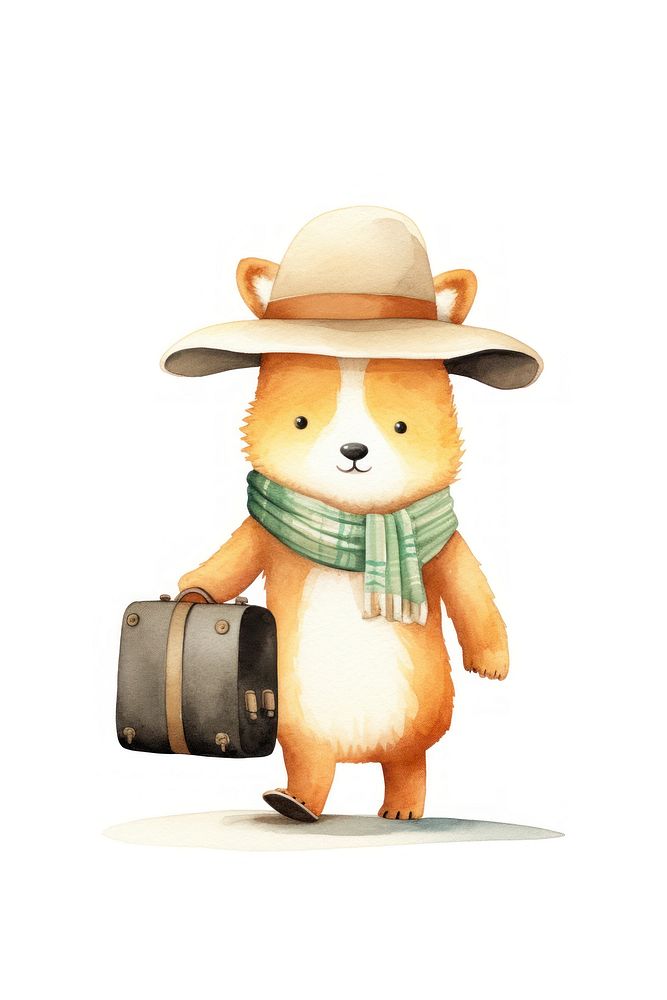 Fox hauling a luaggage cartoon hat white background. AI generated Image by rawpixel.