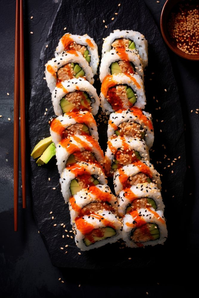 Delicious sushi rolls food chopsticks rice. 