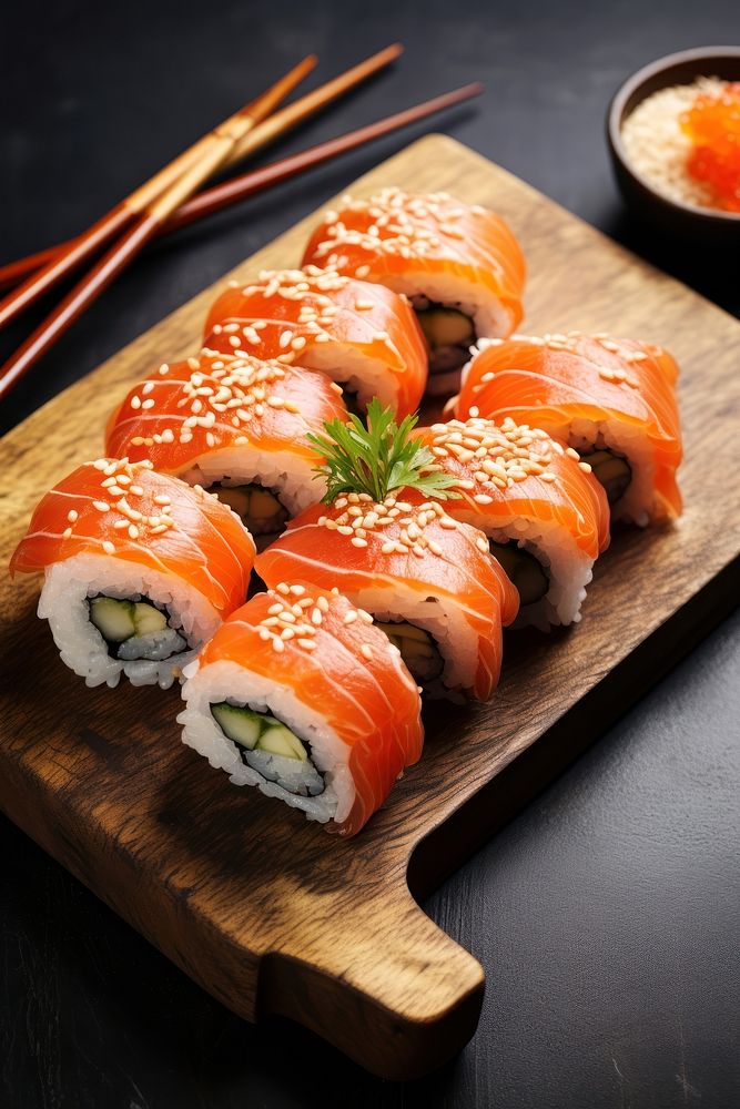 Delicious sushi rolls food chopsticks rice. AI generated Image by rawpixel.