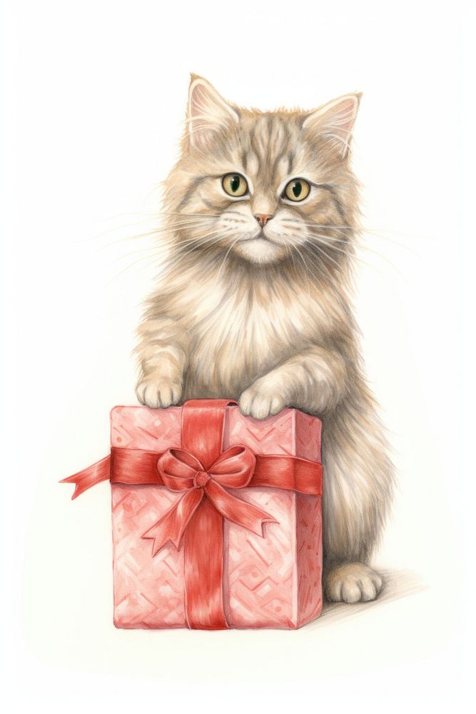 Cat holding christmas present drawing mammal animal. AI generated Image by rawpixel.