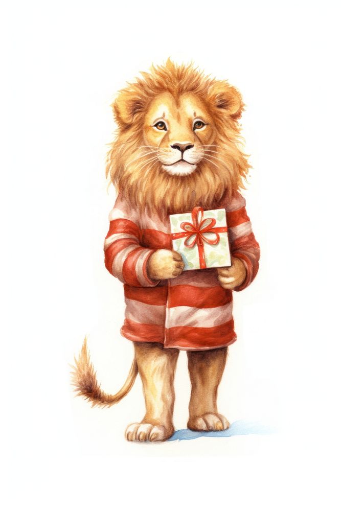 Lion holding christmas present mammal animal white background. AI generated Image by rawpixel.