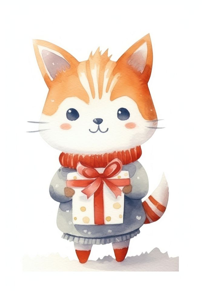 Cat holding christmas present figurine cartoon animal. AI generated Image by rawpixel.