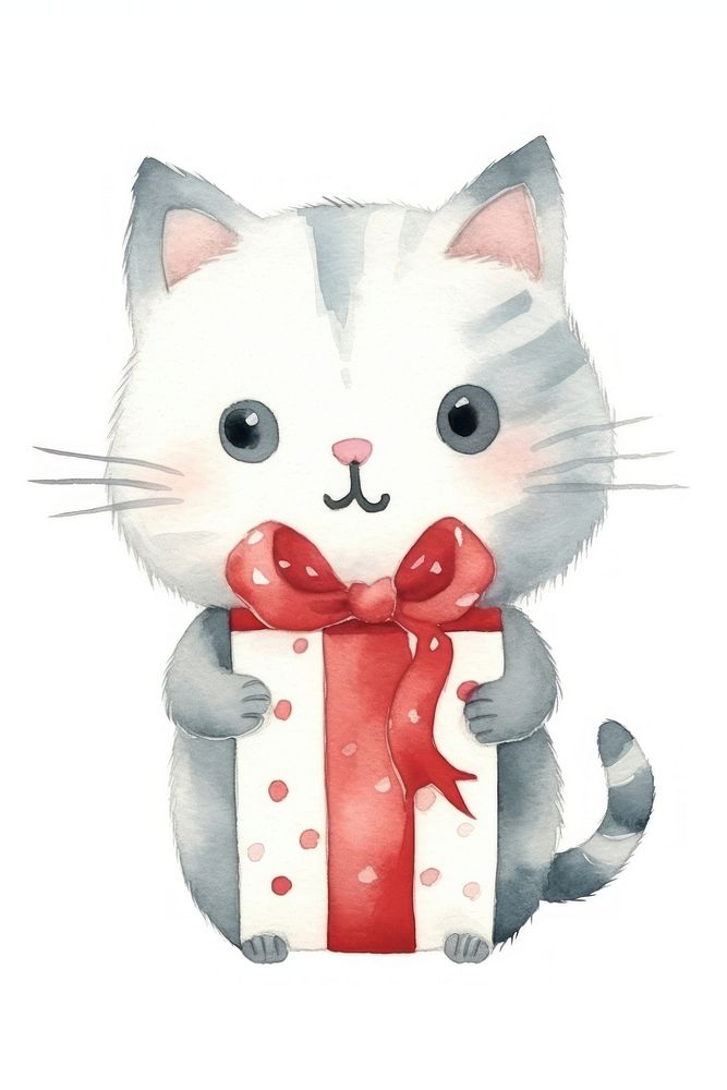 Cat holding christmas present cartoon mammal animal. AI generated Image by rawpixel.