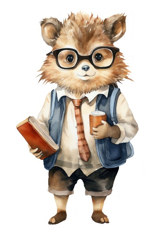 Hedgehog student glasses cartoon white background. 