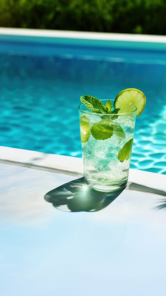 a photo of a mojito cocktail laying near a cool blue pool. AI generated Image by rawpixel. 