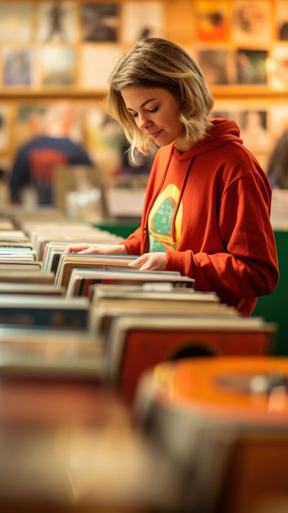 A photo of person selecting vinyl records in a retro record store. AI generated Image by rawpixel. 