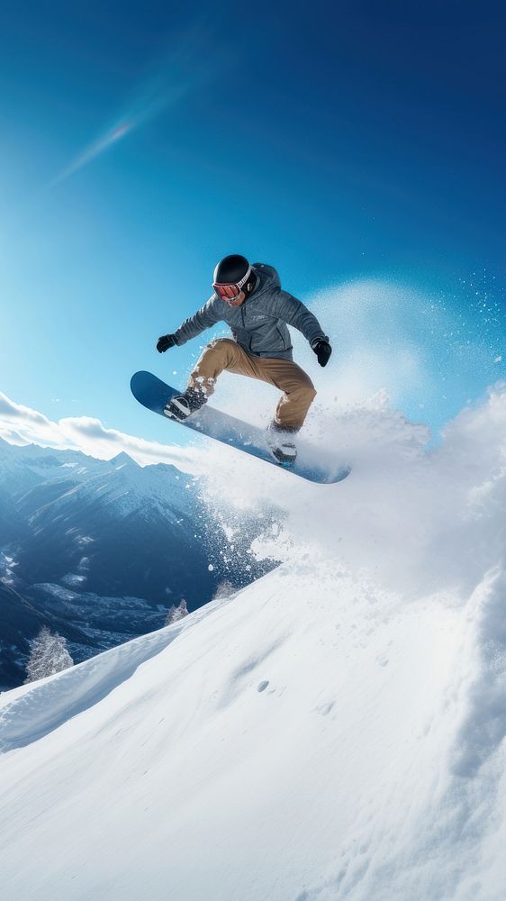 A photo of the man jumping with snowboard from the hill, snow background. AI generated Image by rawpixel. 