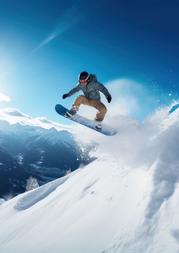 A photo of the man jumping with snowboard from the hill, snow background. AI generated Image by rawpixel. 