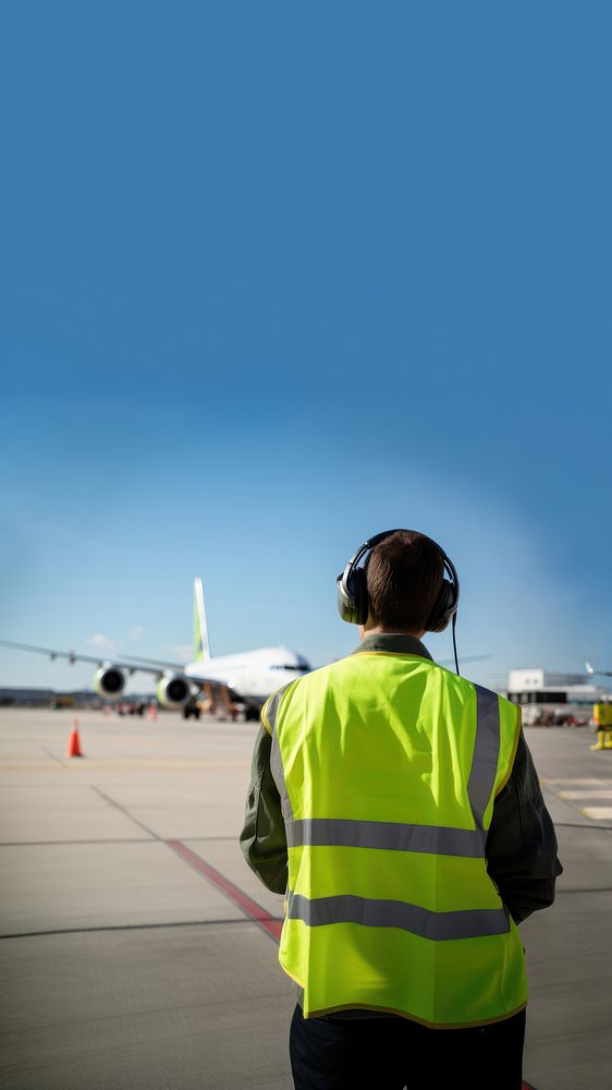Back view photo of an airport staff wearing green safety vest and headphone. AI generated Image by rawpixel. 