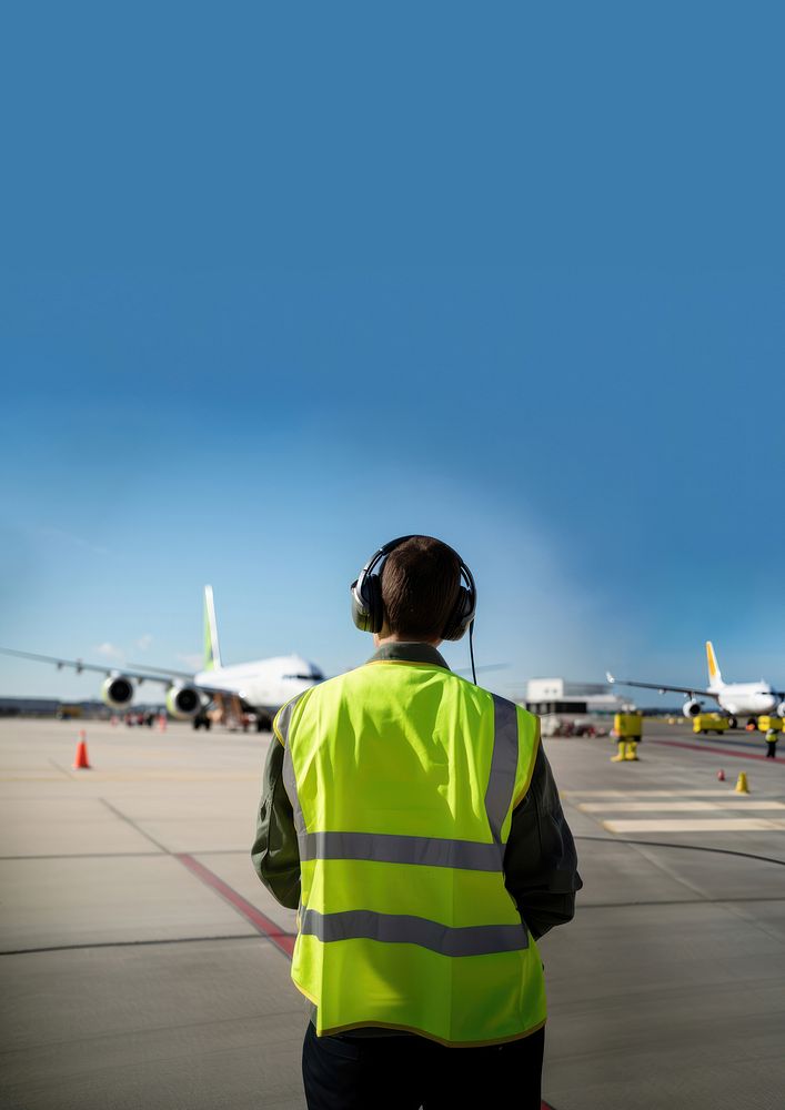 Back view photo of an airport staff wearing green safety vest and headphone.  