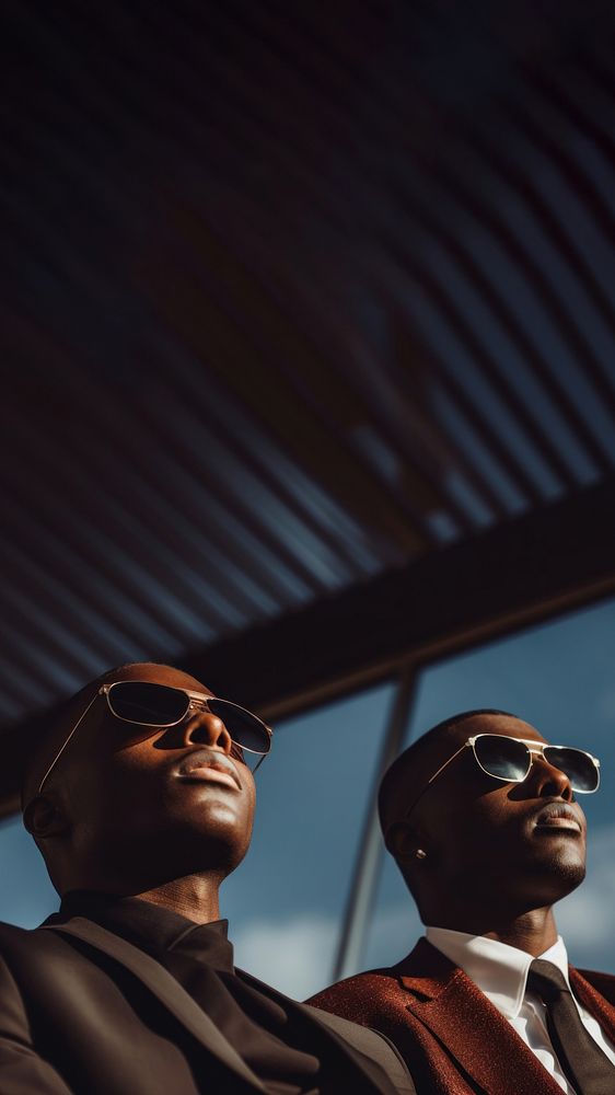 photo of african American men look up the same way, wear suit and sunglasses. AI generated Image by rawpixel. 