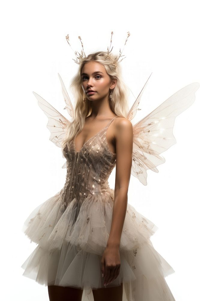A real fairy wearing sparkling nature dress photography portrait costume. 