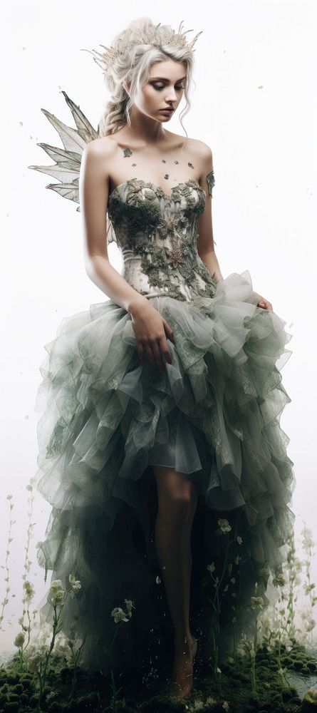 A real fairy wearing sparkling nature dress photography portrait fashion. 