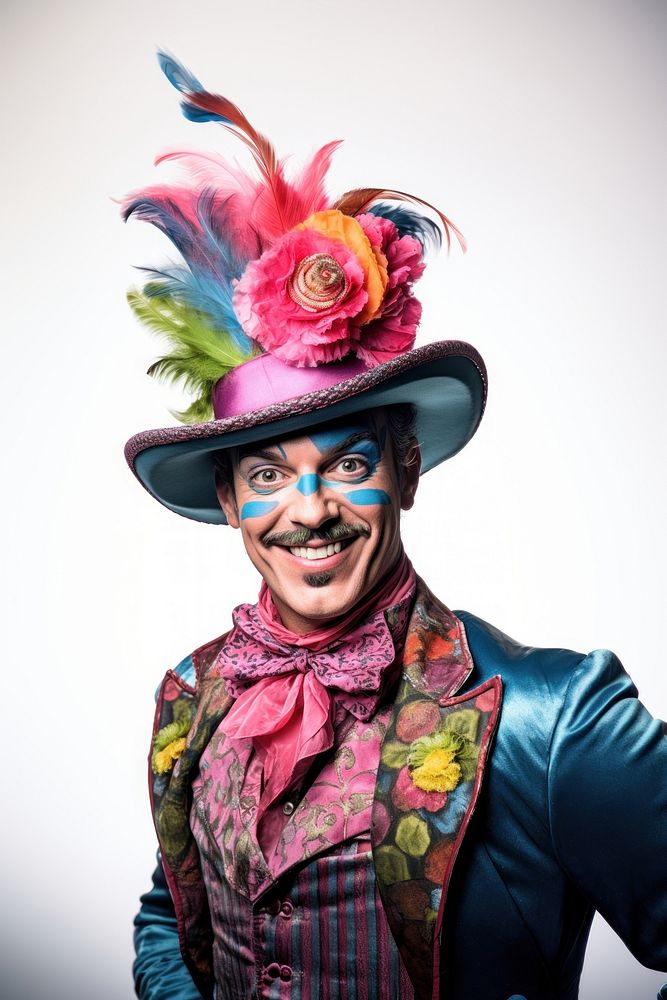 Mad man wearing a colorful vintage hat costume portrait smiling. AI generated Image by rawpixel.