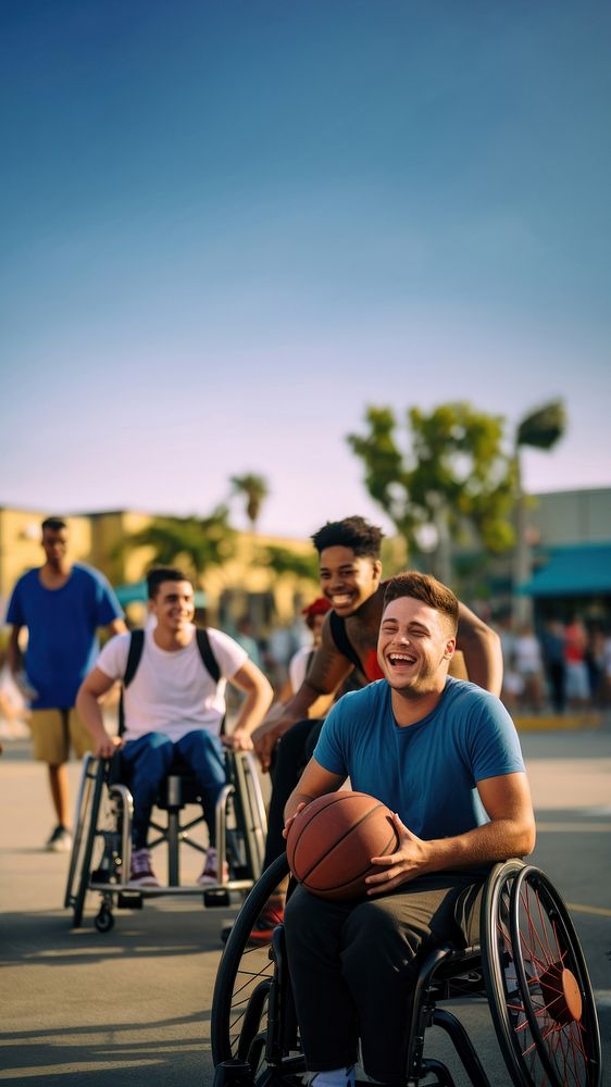 photo of a disable man in wheelchair playing basketball with friends. AI generated Image by rawpixel. 