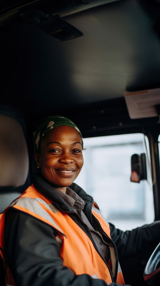 Photo of a diverse women bus driver.  