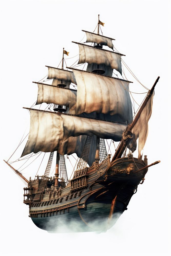 A magical flying pirate ship sailboat vehicle white background. 