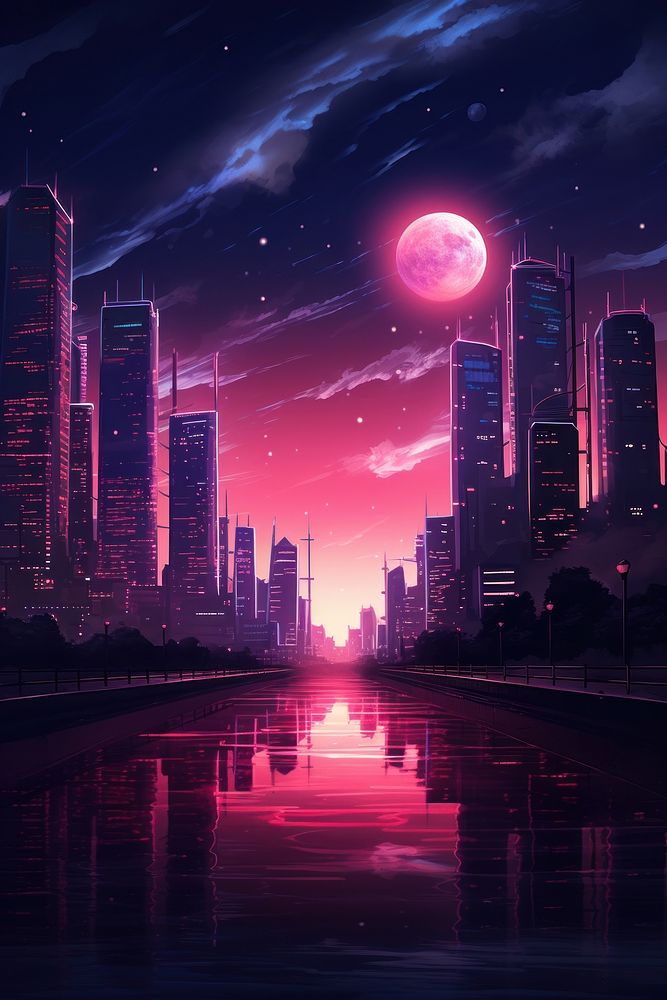 Retrowave cityscape wallpaper architecture astronomy building. AI generated Image by rawpixel.