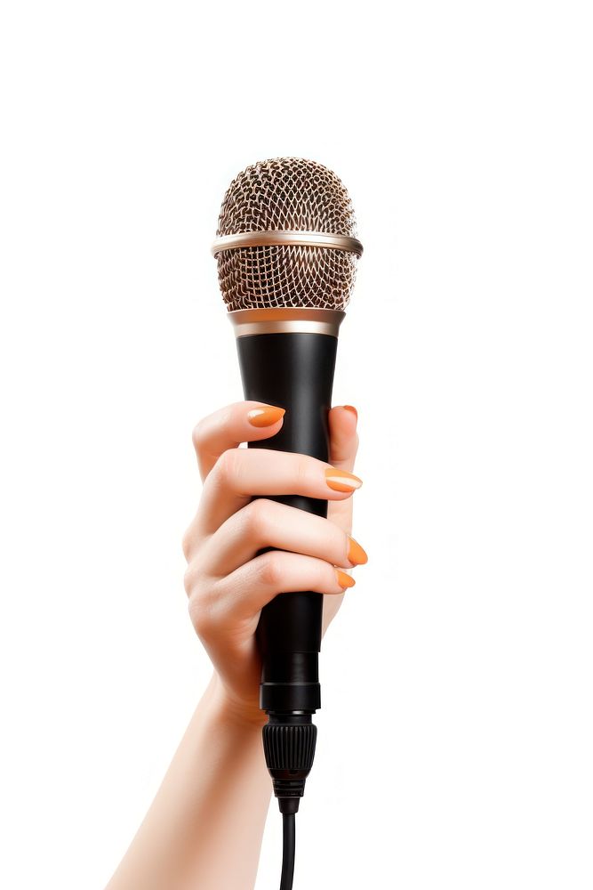 Hand woman hold microphone white background performance technology. AI generated Image by rawpixel.