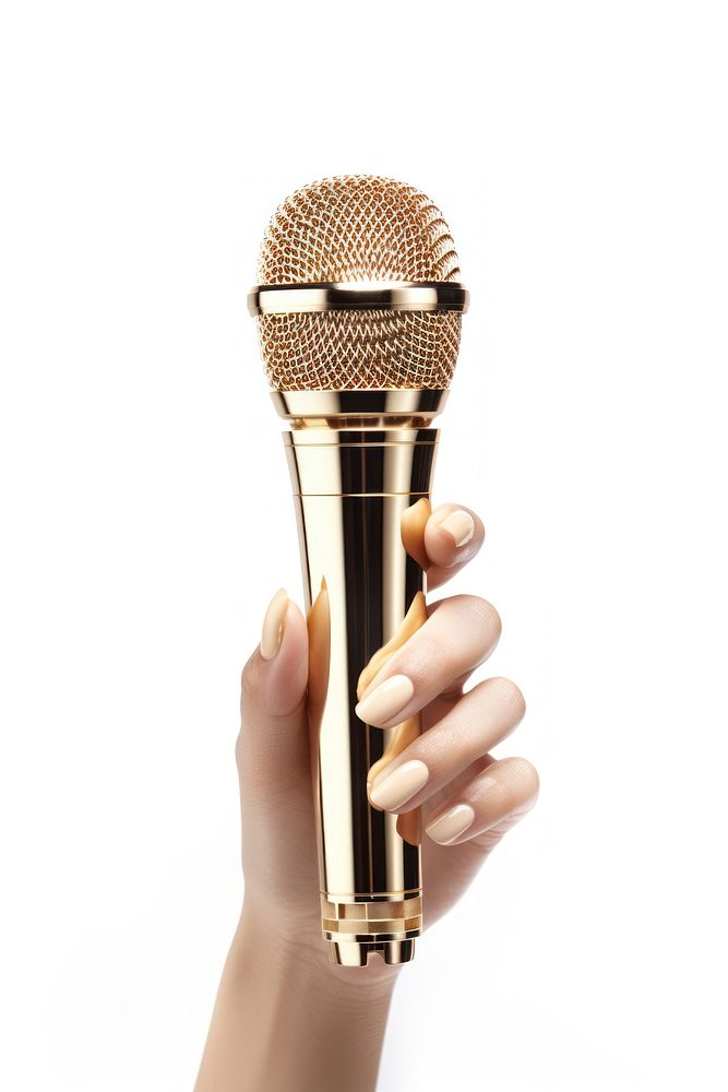 Hand woman hold gold microphone white background performance technology. AI generated Image by rawpixel.