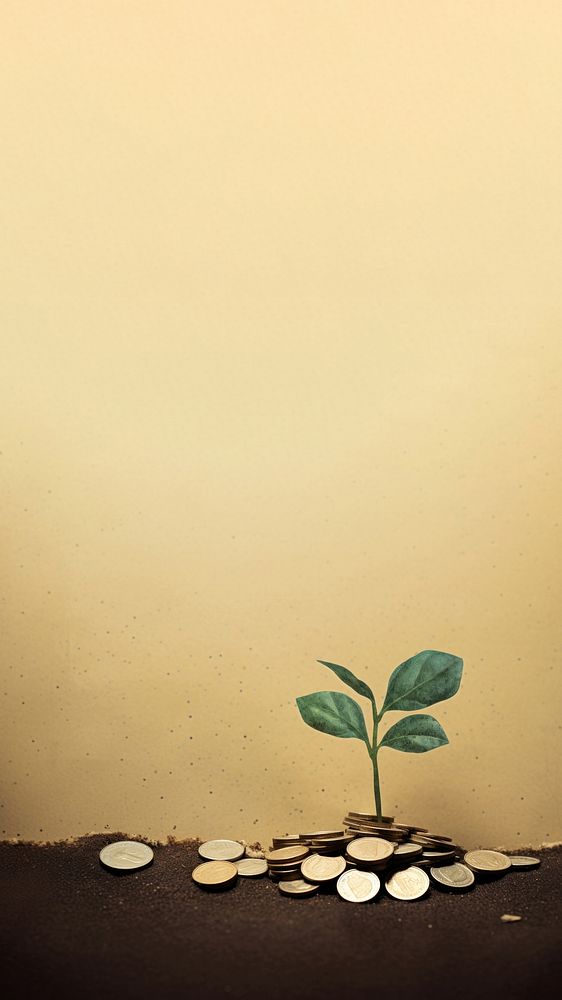Paper Craft of a watering young coin plant, collage, isolated on vintage paper background. AI generated Image by rawpixel. 