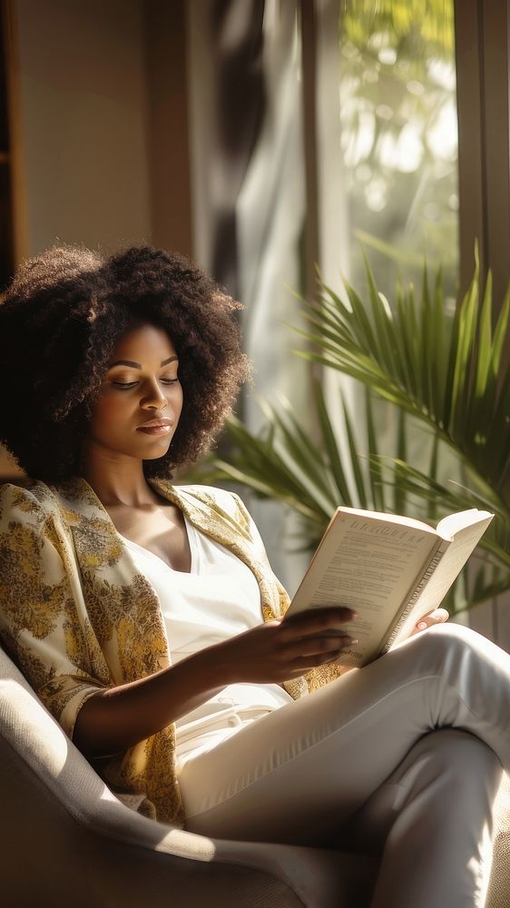 Photo of an african women wearing casual clothes reading book on an armchair, modern livingroom. AI generated Image by…