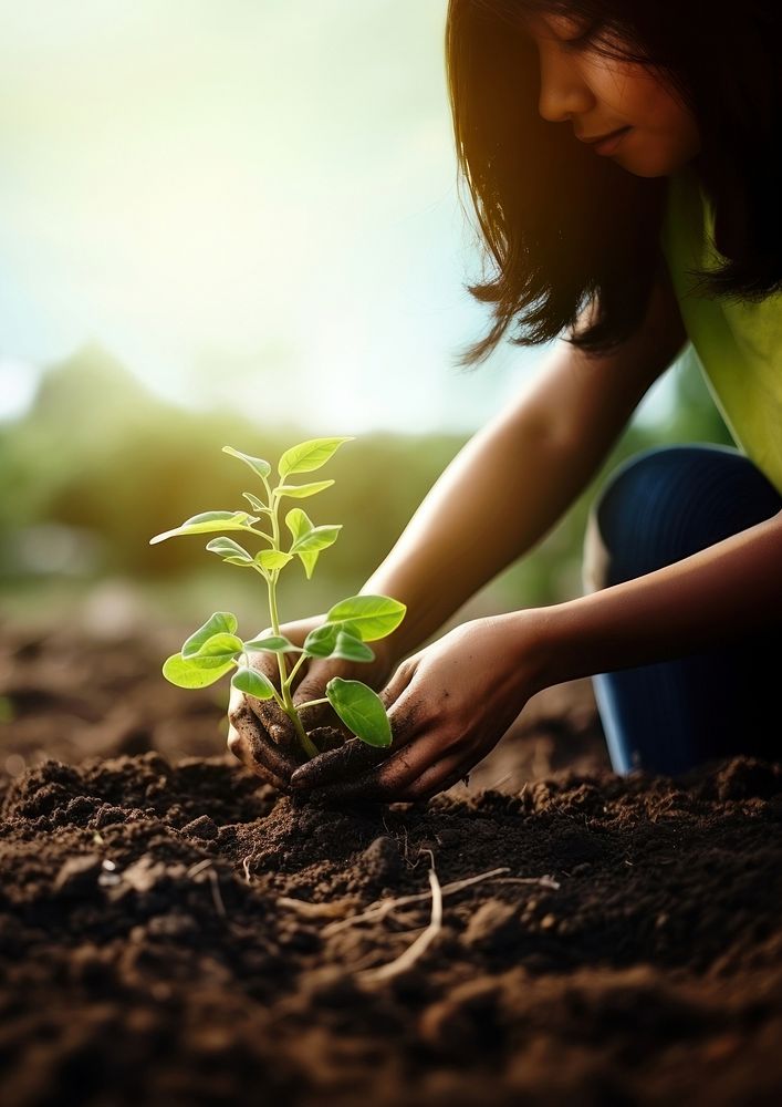 Photorealistic of diverse teenager planting a garden.  