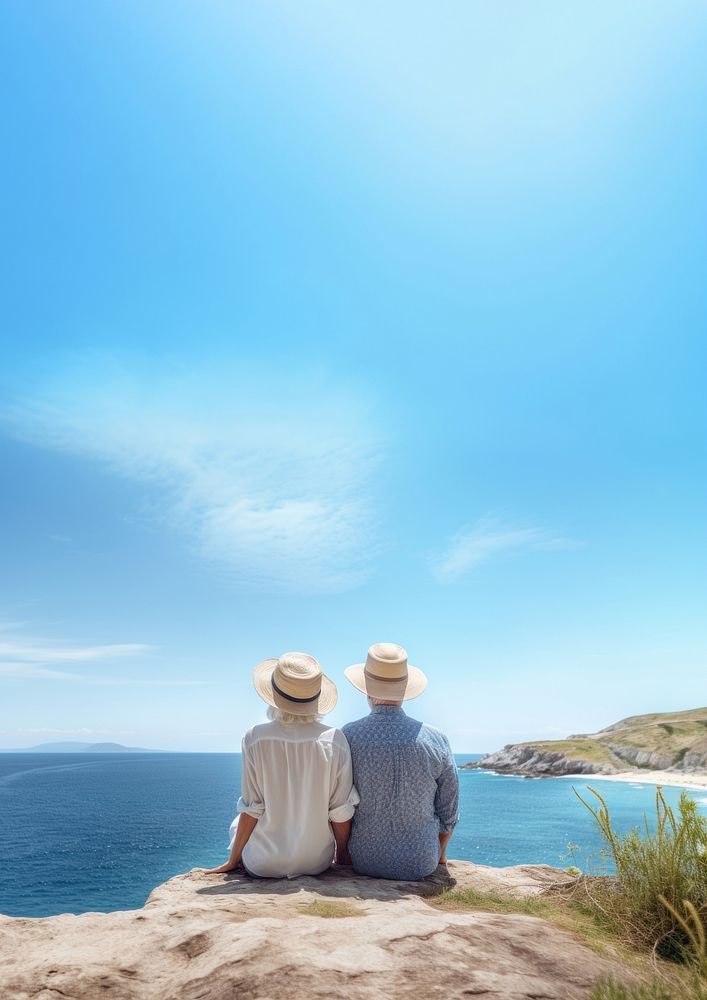 Traveler senior couple look at the sea.  