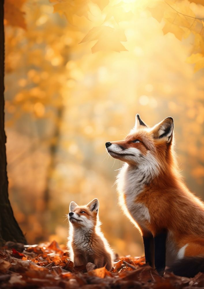 full body a mother fox stands with kid gather around Beside her. AI generated Image by rawpixel. 