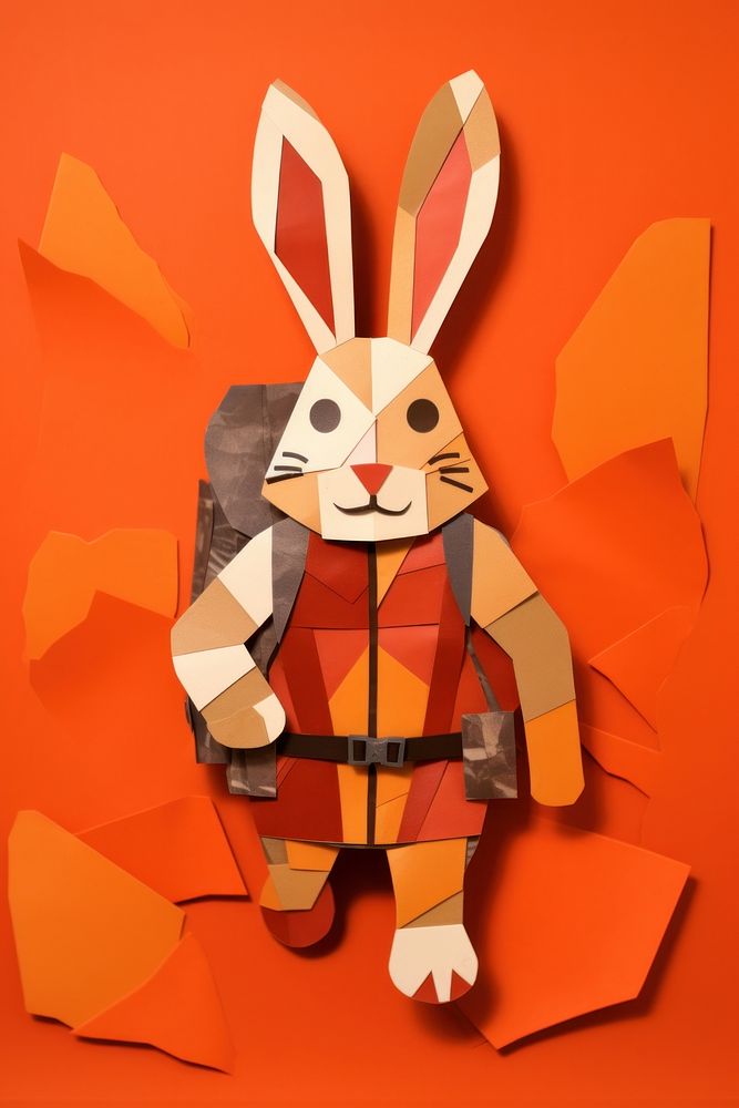 Rabbit wearing backpack cartoon orange background representation. AI generated Image by rawpixel.