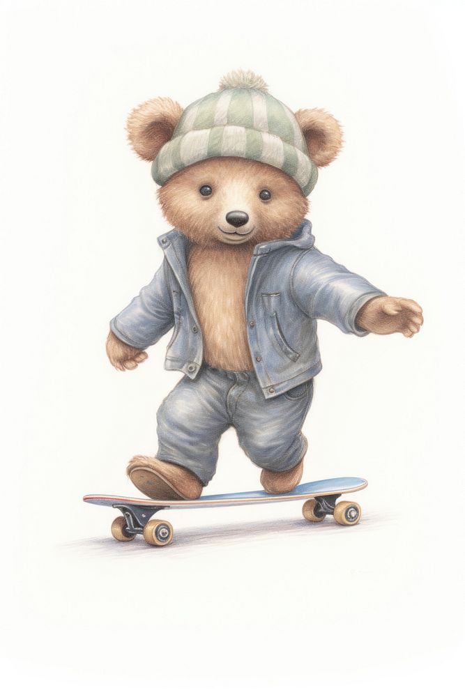 Bear playing skateboard footwear toy white background. 