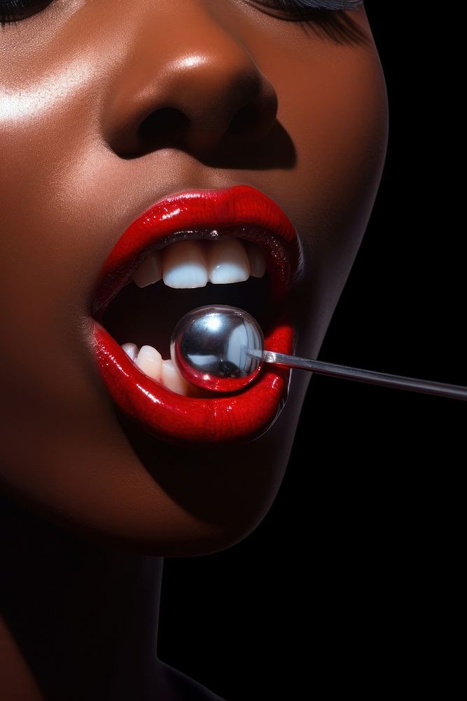 A dark skin woman biting a red lollipop portrait adult shiny. AI generated Image by rawpixel.