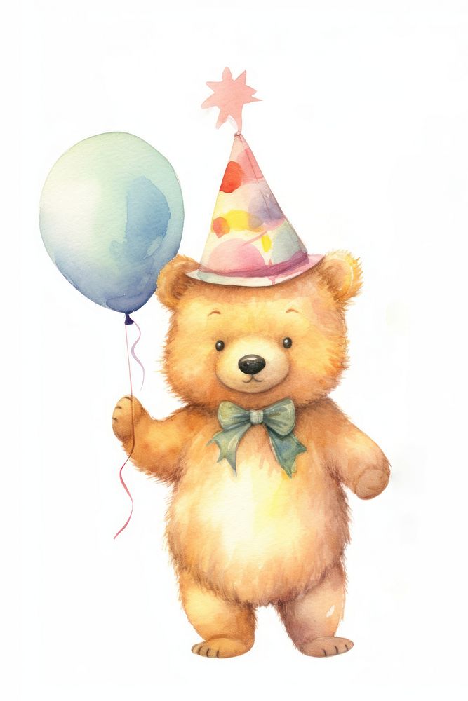 Bear wearing a party hat balloon bear toy. 